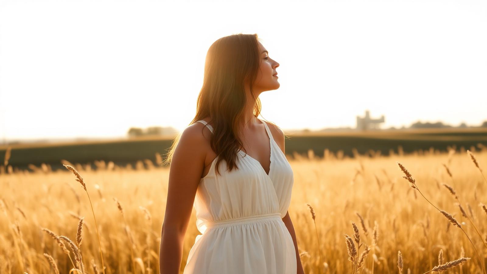 Femme dans la nature, baignée d'une lumière dorée