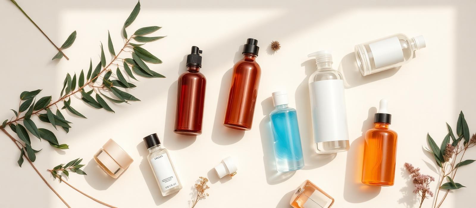 Cosmétiques et produits naturels dans des flacons de verre sur fond crème