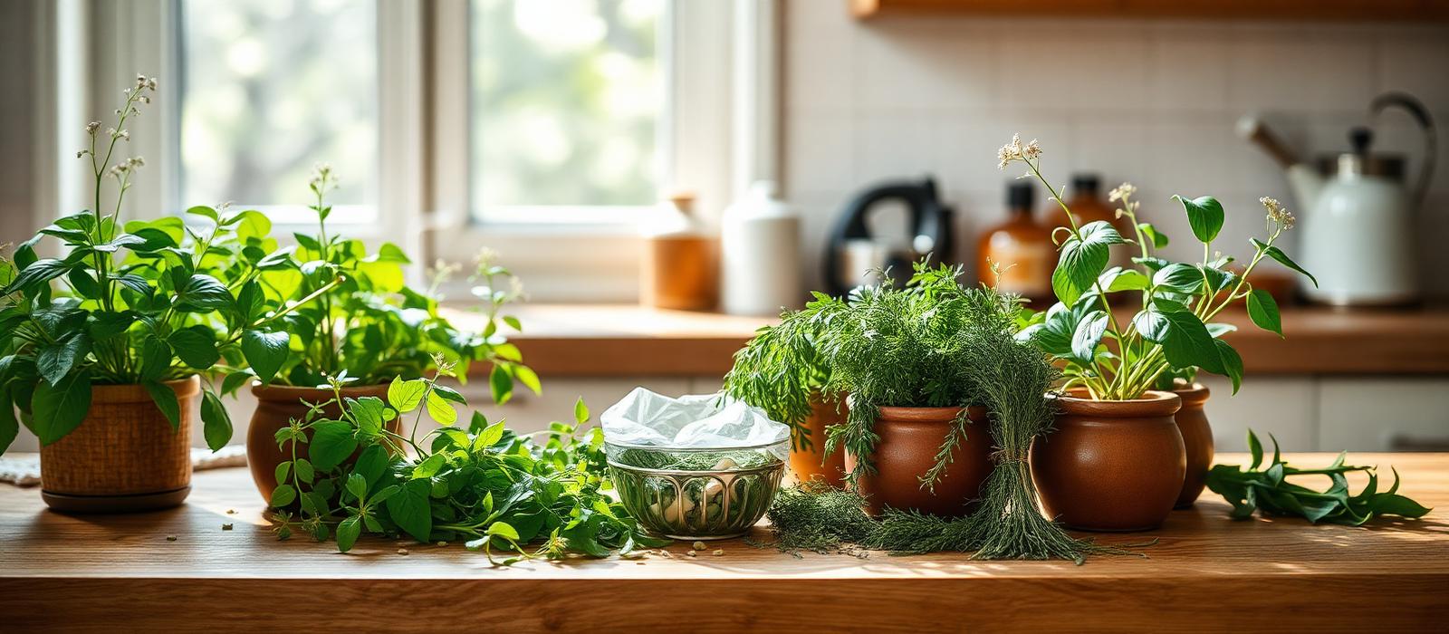 Plantes médicinales et herbes fraîches dans une cuisine en lumière naturelle