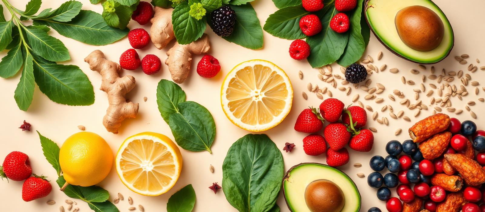 Aliments frais colorés sur fond crème : citron, gingembre, légumes verts et baies