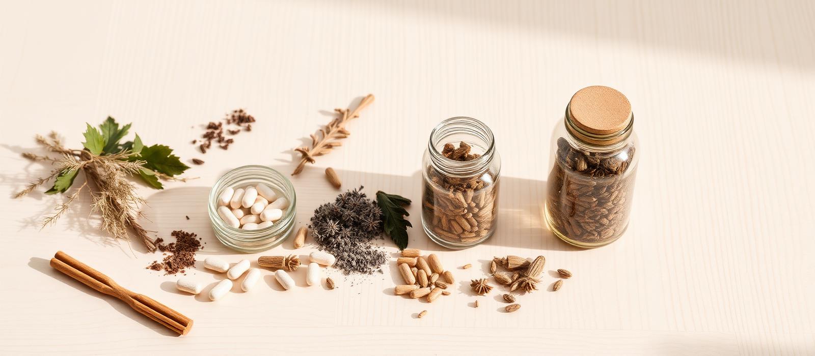 Suppléments, herbes séchées et pots en verre sur fond de bois clair